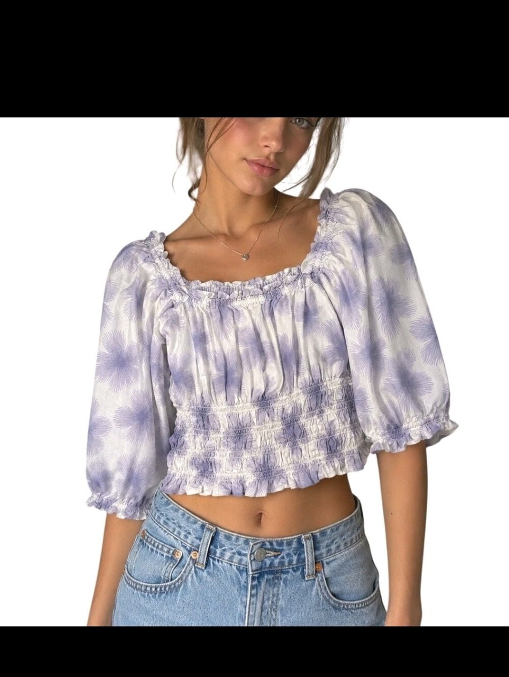 Levi's Lavender Floral Smocked Crop Top Puff Sleeve Cottagecore Top | Size XL